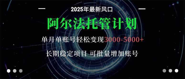 （16360期）阿尔法托管计划 单账号月入3000-5000，长期稳定项目，新手小白轻松上手。