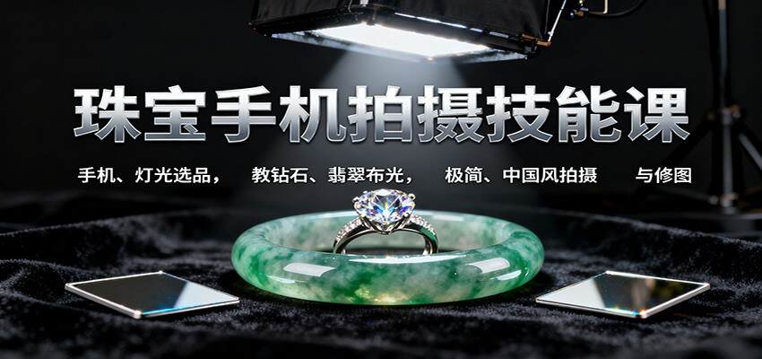 珠宝手机拍摄技能课:手机、 灯光选品，教钻石、翡翠布光，极简、中国风拍摄与修图