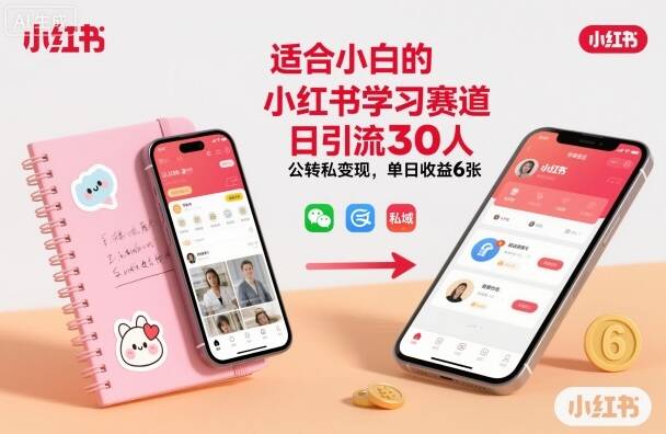 适合小白的小红书学习赛道，日引流30人，公转私变现，单日收益6张