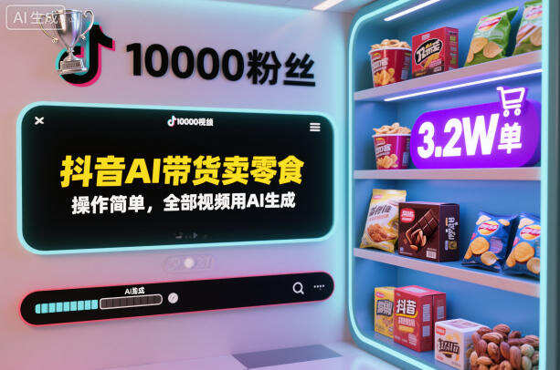 抖音AI带货卖零食，操作简单，全部视频用AI生成，一万粉丝，卖了3.2W单