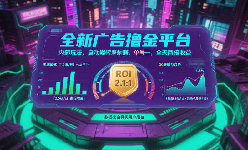 全新广告撸金平台，内部玩法，自动搬砖拿躺賺，单号一天保底2张+，全天两倍收益【揭秘】