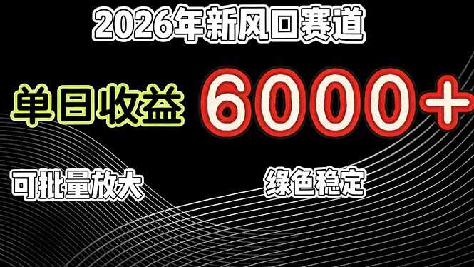 2026年新风口赛道，当日6000+以上，可批量放大，月收入20万+，长期绿色稳定的项目